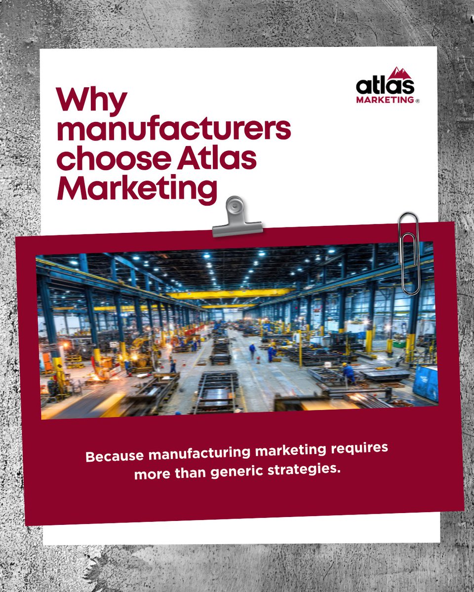 AtlasStories's tweet photo. Manufacturing marketing isn’t one‑size‑fits‑all.
Built for long cycles, technical buyers, and real pipelines—not just activity.

Learn More: https://t.co/AKIHiWOTIw

#IndustrialMarketing  #ManufacturingMarketing #ManufacturingIndustry #MarketingForManufacturers https://t.co/24FrZJ5aUR