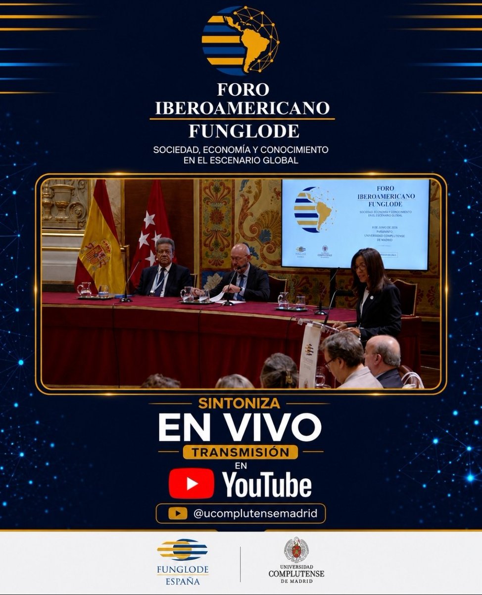 FUNGLODE's tweet photo. Sintoniza en vivo la transmisión del Foro Iberoamericano Funglode: “Sociedad, Economía y Conocimiento en el escenario global”, desde la Universidad Complutense de Madrid.

#Foroiberoamericano #FunglodeEspaña 

▶️ En vivo por YouTube: https://t.co/gMvqrqeWkB https://t.co/JeJ6As7AZz