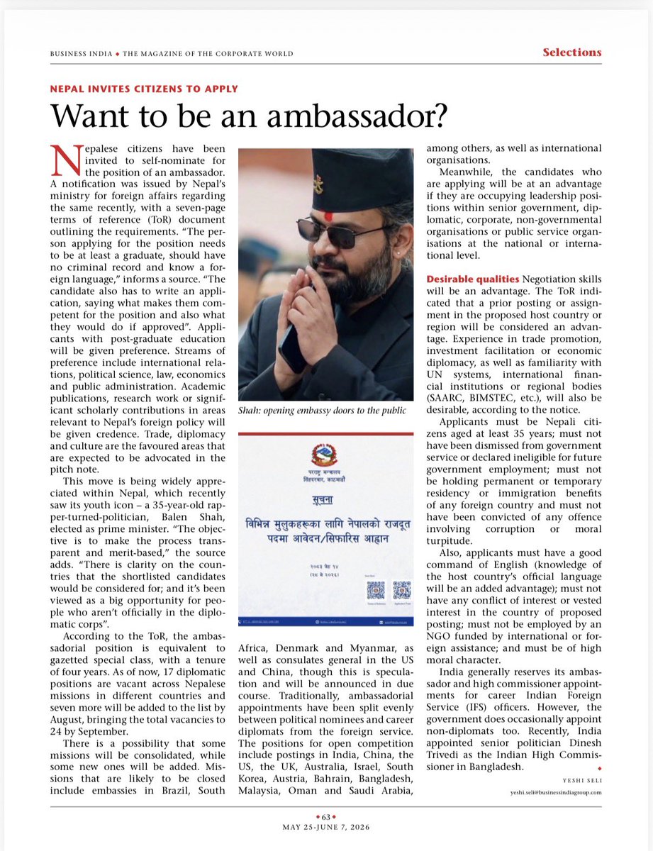 YeshiSeli's tweet photo. Nepalese citizens can self nominate themselves to become Ambassadors of their country. Being a graduate and clean criminal record are mandatory for applicants https://t.co/nzTjuS7i8h