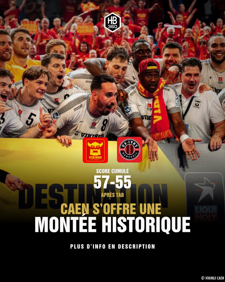 Handball360_'s tweet photo. 𝗖𝗔𝗘𝗡 𝗘𝗡 𝗦𝗧𝗔𝗥𝗟𝗜𝗚𝗨𝗘 🔝

Au terme d’une finale folle à l’aller comme au retour, ce sont les Vikings qui accèdent pour la 𝗣𝗥𝗘𝗠𝗜𝗘𝗥𝗘 𝗙𝗢𝗜𝗦 de leur histoire en première division 👏🏼

57-55 après TAB

#handball #france #sports #caen https://t.co/kbAZhgtxXD