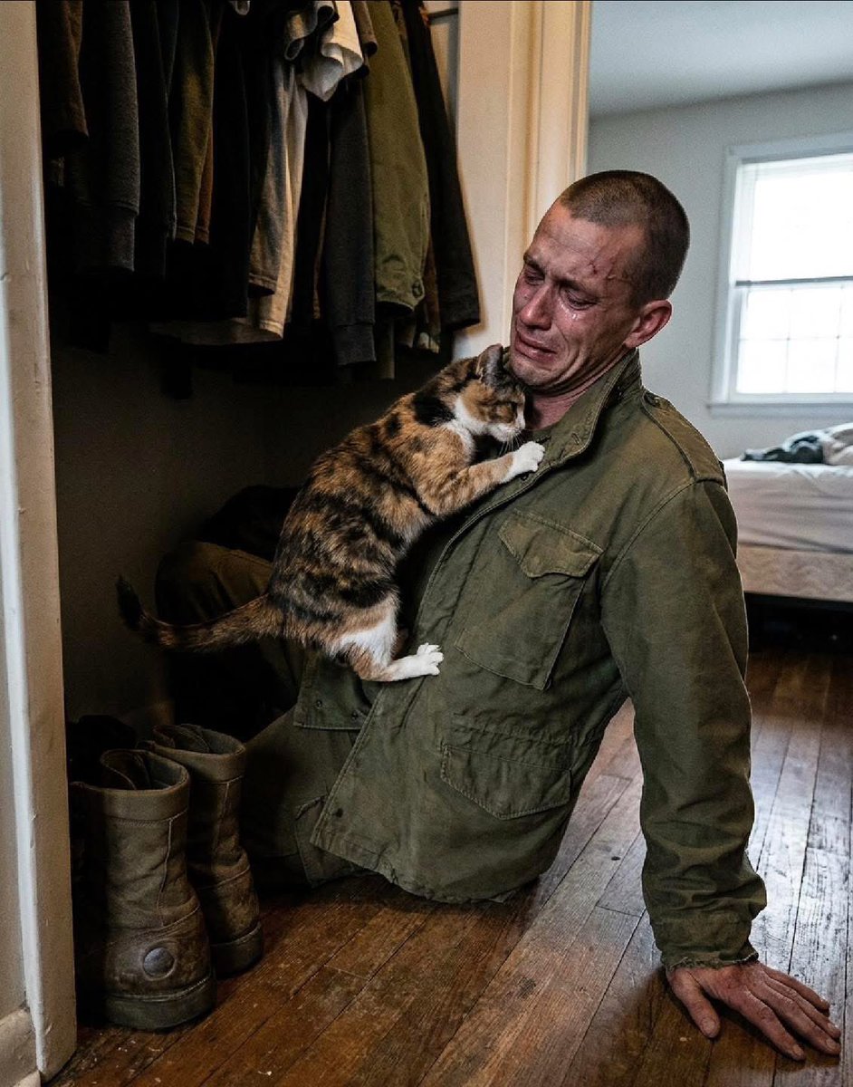 veritebeaute's tweet photo. 🪖🐱 “Le soldat est rentré après 14 mois. Le chat ne l’a pas reconnu. Puis elle a senti sa main. Cette photo a été prise deux secondes plus tard.” 📸✨

👨‍✈️🏡 Le 19 décembre 2023, un soldat de vingt-neuf ans est rentré chez sa famille après un déploiement de quatorze mois. Il était parti en octobre 2022. Pendant son absence, les appels vidéo étaient rares et instables 📱⚠️.

👩‍👩‍👦🐱 Il avait laissé derrière lui sa femme, son fils de quatre ans, sa mère… et son chat 🐾💔

🐈✨ Une petite femelle écaille de tortue et blanche, âgée de sept ans. Il l’avait adoptée alors qu’elle n’était qu’un chaton, au début de sa carrière militaire. Elle avait partagé chaque étape de sa vie : entraînement, mariage, naissance de son fils, départs et retours… jusqu’à celui-ci.

⏳💔 Pendant les premières semaines de son absence, elle attendait chaque soir près de la porte entre 17h et 18h30 🚪🌙. Puis elle a arrêté. Elle s’est réfugiée dans le placard de la chambre, sur ses bottes 👢🐾.

📉🐱 Elle a cessé de jouer, mangeait moins, et a perdu du poids. Le vétérinaire a évoqué quelque chose d’inattendu : le deuil anticipé 🧠💔

🏡👣 Le jour du retour, elle était toujours cachée dans le placard. Lorsqu’il est entré dans la pièce, elle ne l’a pas reconnu 😿⚠️

👀🖐️ Trop de choses avaient changé : son odeur, sa silhouette, sa voix… tout semblait différent pour elle.

🧎‍♂️✨ Il s’est agenouillé et a tendu sa main, paume ouverte, comme autrefois. Elle est restée immobile, puis s’est approchée lentement… et a senti ses doigts 👃🐾

⏱️💥 Une seconde… deux secondes…

💖🐱 Et tout a basculé.

📸🔥 À cet instant, le souvenir est revenu. Elle a bondi sur lui avec une force incroyable, s’accrochant à lui, tremblante et ronronnante 😭🐾💞

🫂⏳ Ils sont restés ainsi longtemps, sans bouger, comme si le temps s’était arrêté.

🐾💤 Depuis ce jour, elle ne le quitte plus. Elle dort sur lui, le suit partout et attend près de la porte quand il s’absente 🚪💖

💬🌙 Certains retours à la maison se font avec des drapeaux et des cérémonies… d’autres avec un simple chat dans un placard qui n’a jamais cessé d’attendre 🐱✨