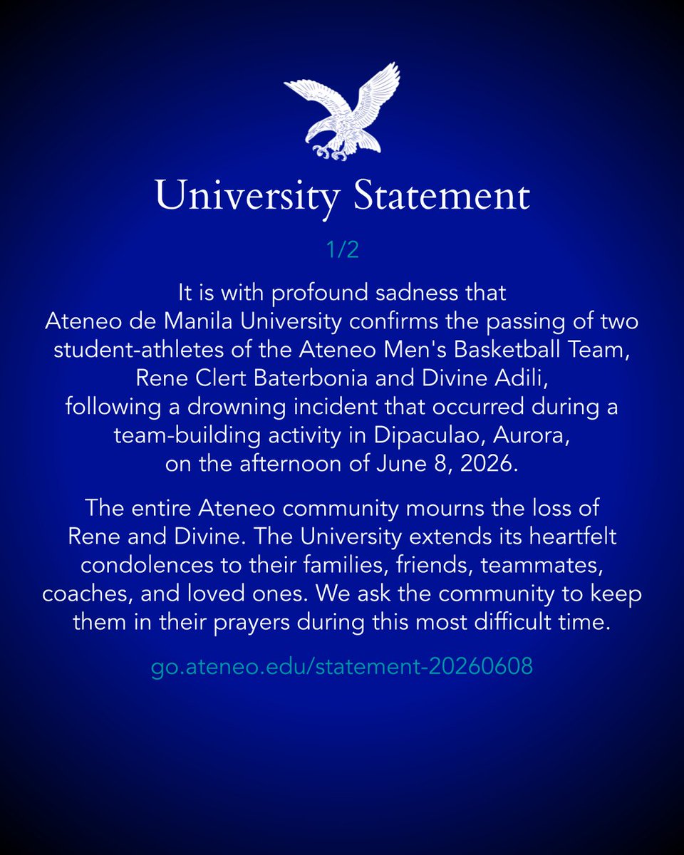 ateneodemanilau's tweet photo. Ateneo de Manila University statement on Rene Clert Baterbonia and Divine Adili.

https://t.co/5Etm4I4k14 https://t.co/AIXLWQOGkG