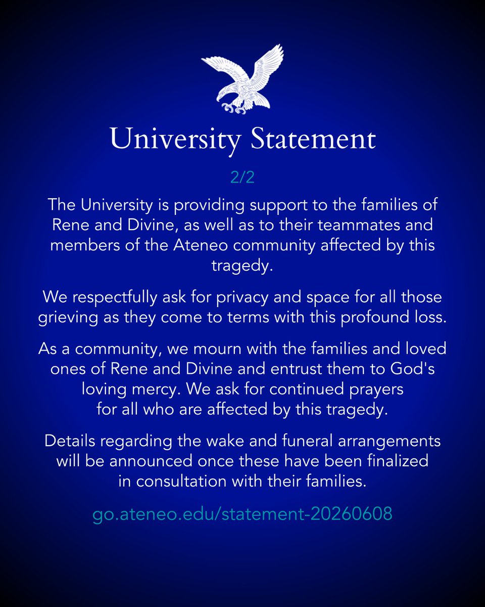 ateneodemanilau's tweet photo. Ateneo de Manila University statement on Rene Clert Baterbonia and Divine Adili.

https://t.co/5Etm4I4k14 https://t.co/AIXLWQOGkG