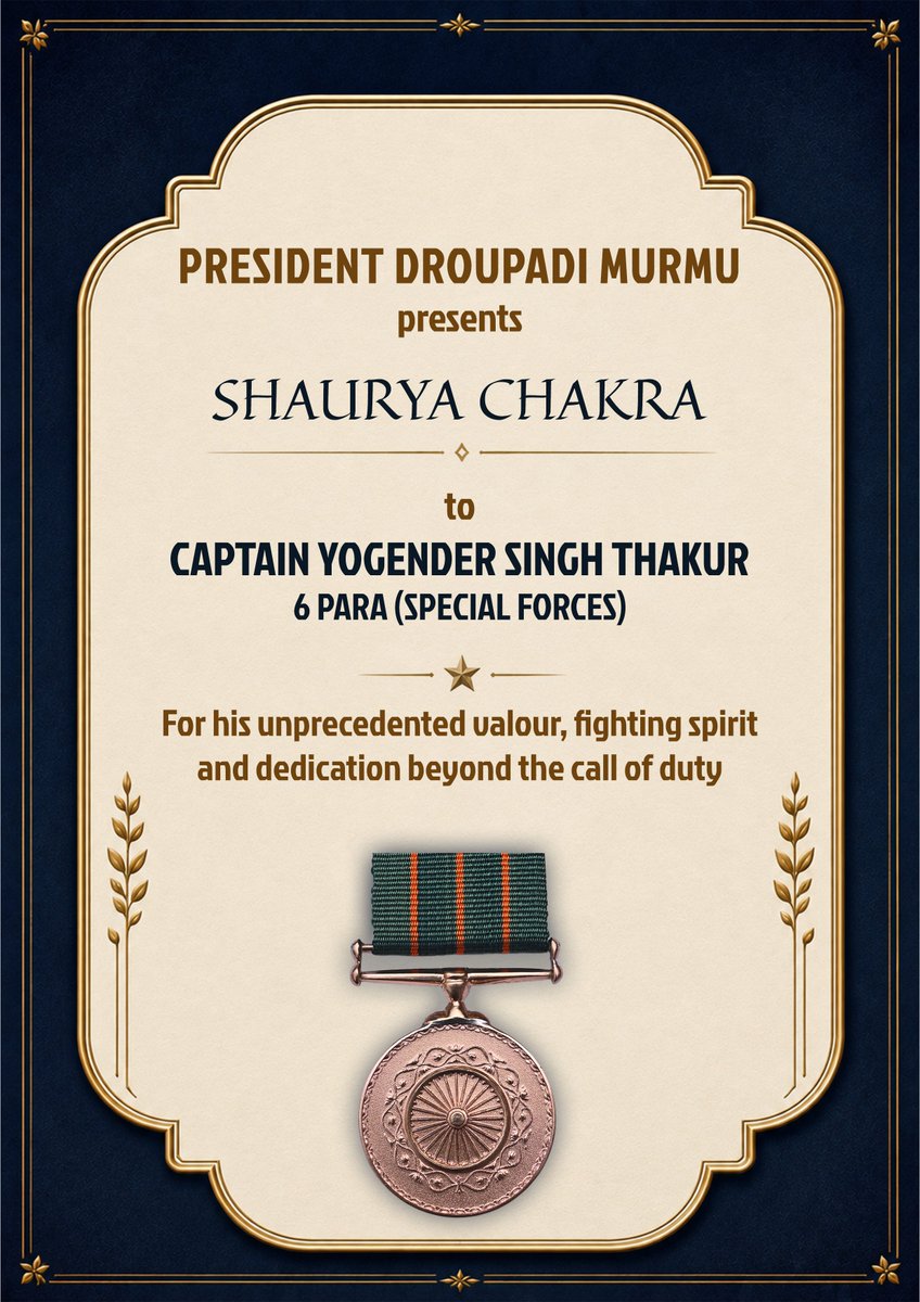rashtrapatibhvn's tweet photo. राष्ट्रपति द्रौपदी मुर्मु ने कैप्टन योगेन्द्र सिंह ठाकुर, 6 पैरा (विशेष बल), को उनकी अभूतपूर्व वीरता, युद्ध कौशल, दृढ़ संकल्प और कर्तव्य के प्रति समर्पण के लिए शौर्य चक्र प्रदान किया। जुलाई 2025 में उधमपुर में संदिग्ध ��तिविधि की सूचना मिलने पर उन्होंने घातक दल को पुनः तैनात कर उस पर नजर रखने के निर्देश दिए। वे भीषण गोलीबारी के बीच रेंगते हुए आतंकवादियों की ओर बढ़े और नजदीकी मुठभेड़ में एक आतंकवादी को मार गिराया।