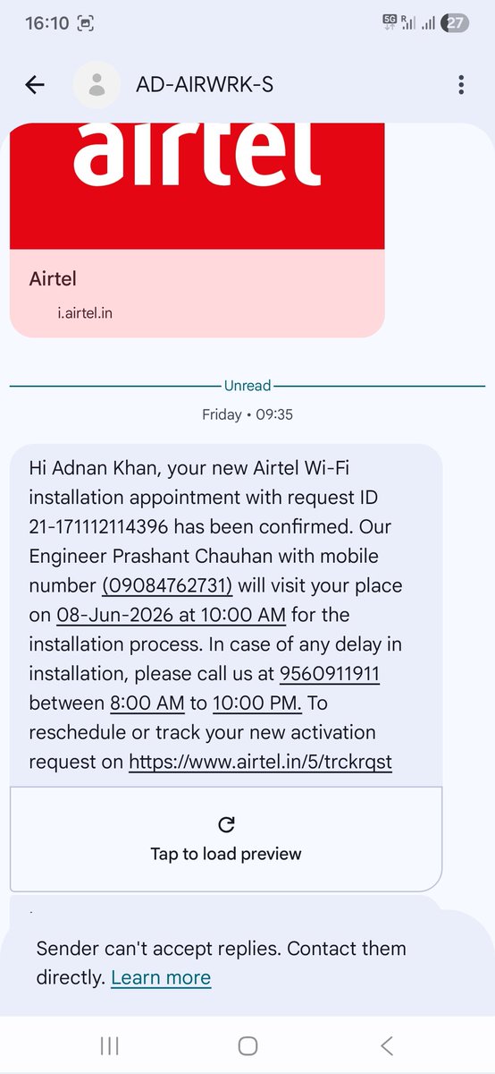 adnkhn22's tweet photo. Appt confirmed for June 5 (Eng. Nitesh), then June 8 (Eng. Prashant). Req ID: 21-171112114396. To make matters worse, the provided engineer/contact numbers are switched off most of the time! Stop stalling and fix this @Airtel_Presence @airtelnews. https://t.co/wIOXqh4YCZ