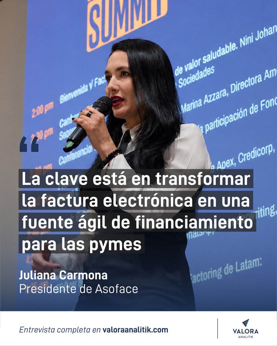 ValoraAnalitik's tweet photo. 💰 Aunque Colombia cuenta con una de las infraestructuras de factura electrónica más avanzadas de América Latina, el factoring todavía tiene un amplio potencial de crecimiento: mientras en Chile representa cerca del 20 % del PIB, en Colombia apenas alcanza el 2,7 %.

🎙️ En entrevista con Valora Analitik, Juliana Carmona, presidenta ejecutiva de Asoface, aseguró que los cambios al Decreto 1154 de 2020 podrían facilitar que más pymes conviertan sus facturas electrónicas en liquidez inmediata y accedan a nuevas alternativas de financiación.

📊 Actualmente, más de 1,7 millones de facturas han sido negociadas a través de Radian, movilizando cerca de $48 billones. Sin embargo, de las más de 1,56 millones de empresas formales del país, apenas unas 47.000 pymes están habilitadas para negociar sus facturas electrónicas.

🚀 Desde el gremio consideran que el próximo paso es convertir la factura electrónica en una herramienta más ágil y eficiente para financiar capital de trabajo, fortalecer la competitividad y mejorar el acceso a recursos para miles de empresas colombianas.

➡️Lee la nota completa: https://t.co/mnW8H75xEC

@AsofaceCol

#Entrevista #Economía #Colombia