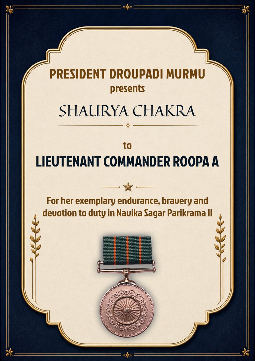 rashtrapatibhvn's tweet photo. President Droupadi Murmu presents Shaurya Chakra to Lieutenant Commander Roopa A for her exemplary endurance, bravery and devotion to duty in Navika Sagar Parikrama II. She, along with Lieutenant Commander Dilna K, sailed over 25,600 nautical miles through the Indian, Pacific, Atlantic and Southern Oceans. While navigating through the perilous Drake Passage in stormy conditions that caused the boat to heel severely, regaining control required exceptional skill and extraordinary courage. During the expedition, they also became the first Indians to reach Point Nemo, the oceanic Pole of Inaccessibility, by sailboat.
