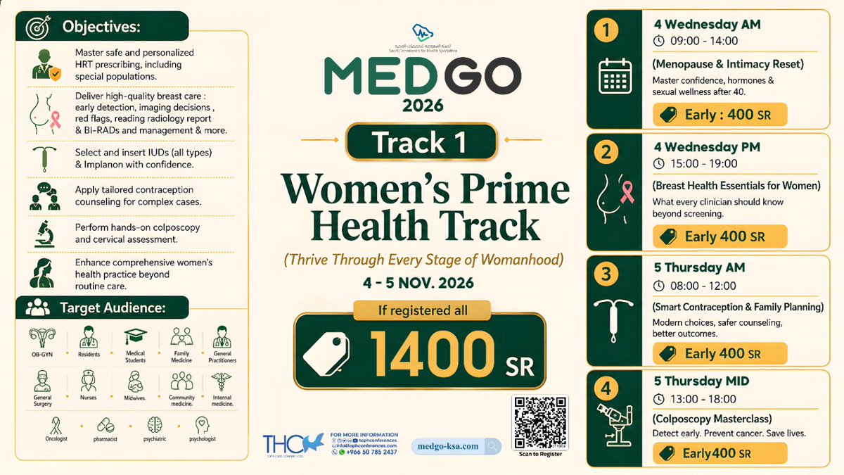 tophconferences's tweet photo. 🌸MEDGO 2026 🌸
Track 1
 Women’s Prime Health  Track 
ارتقِ بمهاراتك  في صحة المرأة عبر 4 ورش متخصصة ومكثفة:
📅 4 - 5 نوفمبر 2026
لتسجيل :- https://t.co/p56WtM14Rk
لمزيد من المعلومات :-0507852437 https://t.co/VTpdCOc35L