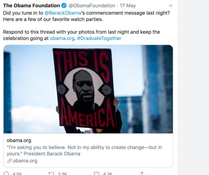 MaureenSHTruth's tweet photo. @Tironianae Floyd "died" May 25th. Obama  Foundation tweeted his image on May 17th! Plus, pallets of bricks appeared across the country AHEAD of time. Rumor: Cup Foods guy was in on the possible "hoax". https://t.co/gsDnftPCeH