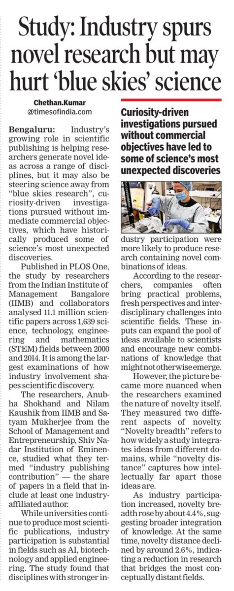 iimb_official's tweet photo. A recent study co-authored by Prof. Nilam Kaushik, Strategy area, IIMB, examines 11.1 million scientific publications across 1,639 STEM fields to understand how industry participation influences scientific discovery. The findings reveal an interesting pattern.
Read more👇 https://t.co/MwgSPEuUML