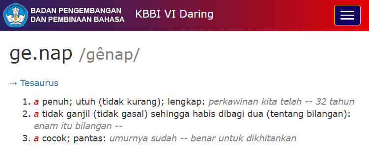 ivanlanin's tweet photo. Selain berarti 'tidak ganjil', "genap" juga dapat berarti 'lengkap'.

Jadi, kalau ada yang berkata, "Kok, dibilang genap? Kita, kan, bertiga," terimalah dengan senyum maklum.

Dia sedang berusaha bercanda. Hargailah upayanya. https://t.co/cbqN8E9pW5