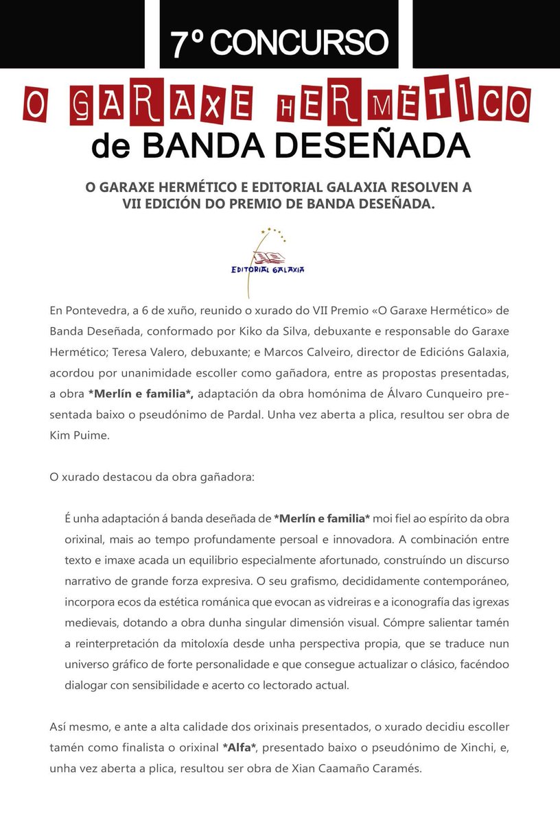 dasilvakiko's tweet photo. Merlín e familia, adaptación da obra homónima de Cunqueiro, feito por Kim Puime, gaña o VII Premio O Garaxe Hermético de Banda Deseñada e será publicada por Galaxia.

https://t.co/1MtDlHcuNm https://t.co/WvEbizltgW
