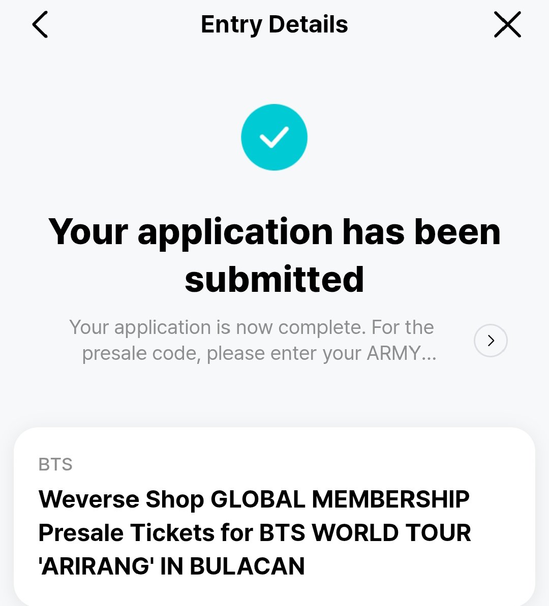 ayanie1004's tweet photo. WTS ARMY MEMBERSHIP PRE-SALE CODE BULACAN

800PHP
PAYO
Rfs: won't be able to secure tix

Tag: arirang bulacan event code bts concert https://t.co/FTmqRKi47p