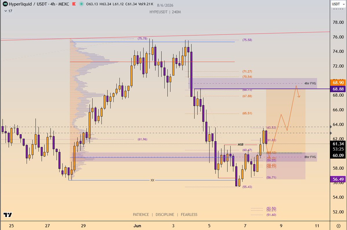 tradervaib's tweet photo. hyperliquid:native  View for long (If this chose to play bullish)

- reclaimed 8HR FVG 
- give LTF MSB 
- entering at FIB level of MSB leg 
- Bid area 60 &amp;58.5
- invalidation 56.5
- targeting the 69 at least 

#HYPE https://t.co/dq7bkX30H8