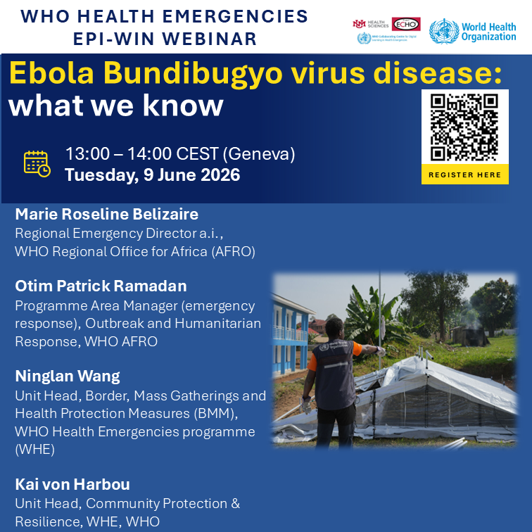 WHOAFRO's tweet photo. What do we know about the ongoing #Ebola outbreak caused by the Bundibugyo virus?

Join @WHO Health Emergencies experts for a webinar on the latest developments and response efforts.

🗓️ 9 June 2026  
🕐13:00 CEST (Geneva)

Register now by scanning the QR code ⬇️ https://t.co/wYpjAuDhBd