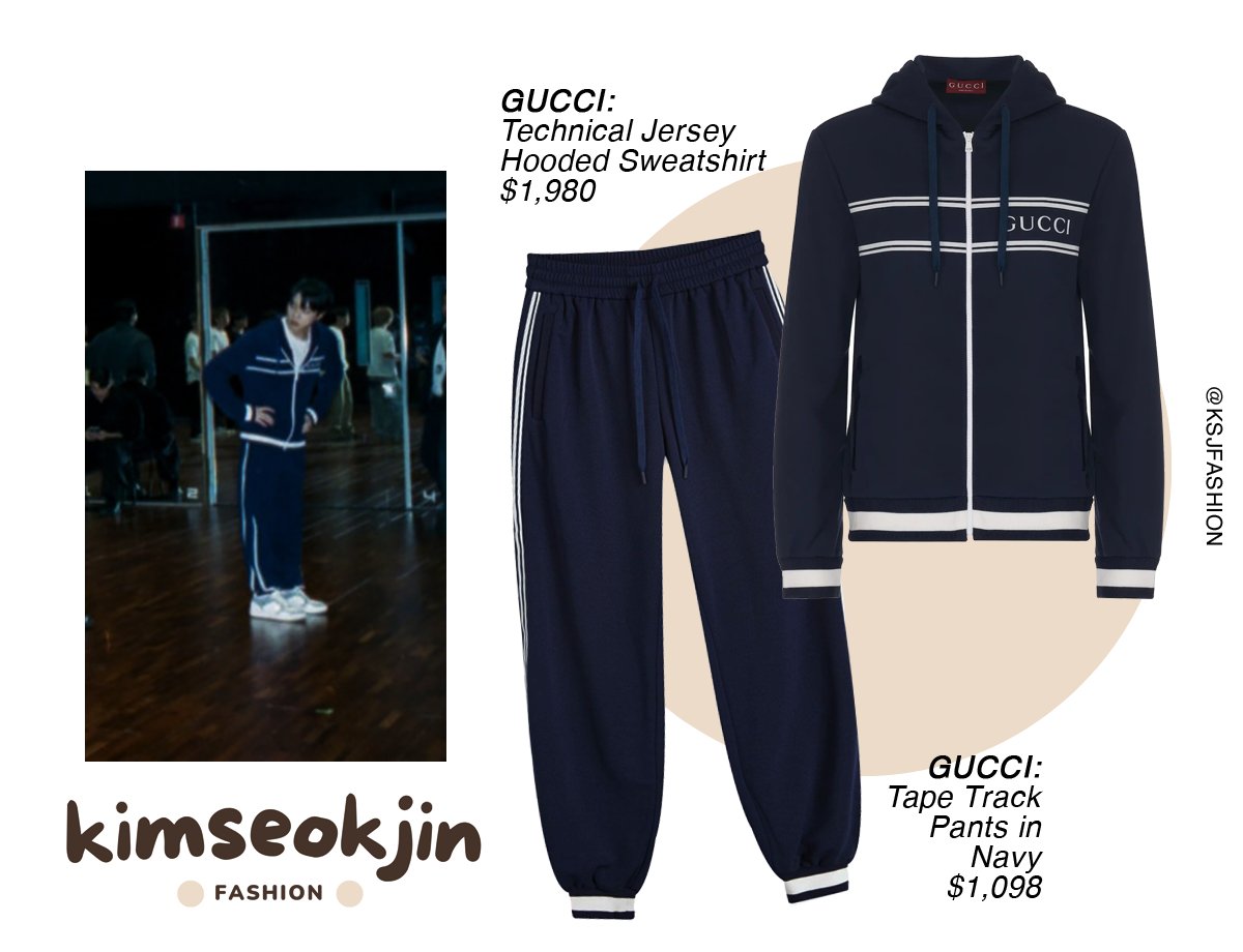 ksjfashion's tweet photo. jin wears the technical jersey hooded sweatshirt and tape track pants in navy by gucci / $1,980 &amp; $1,098. https://t.co/88nNWfJ7O9