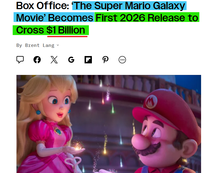 Official_MrRic's tweet photo. $AMC 🍿 “The Super Mario Galaxy Movie” has crossed the $1 billion mark. It’s the first film of 2026 to hit that milestone. #AMC 

Source: https://t.co/eP7a6bz70z https://t.co/otQBbps3rw