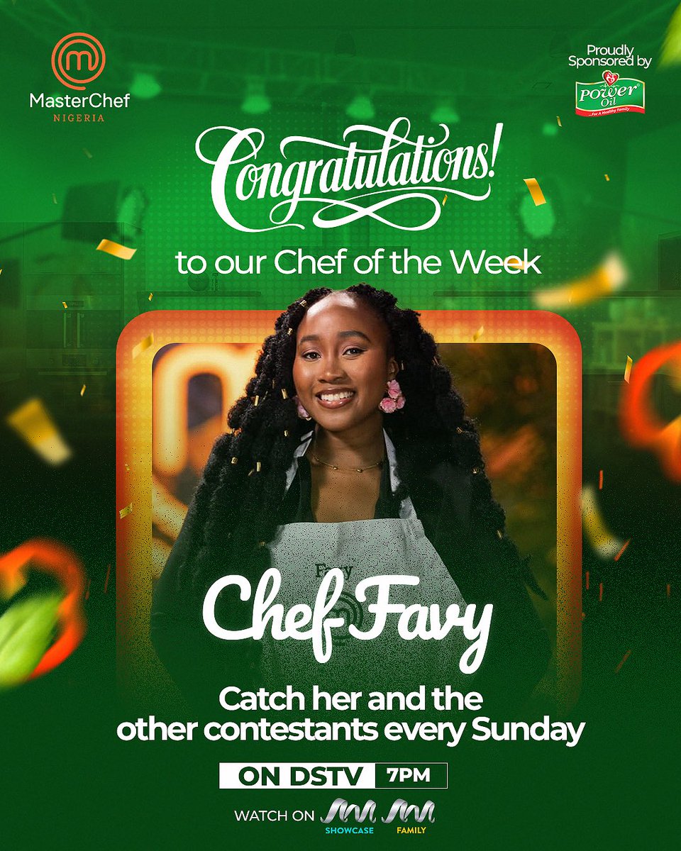 PowerOilNG's tweet photo. Congratulations to our Chef of the Week, Chef Favy @favours_epiphany 💚🔥

Kudos to her👏👏💚

Watch new episodes of @masterchefngr MasterChef Nigeria every Sunday on DSTV Africa Magic Showcase & Africa Magic Family at 7 PM📌🔥

#PoweroilXMasterChefNigeria #poweroil #masterchef #masterchefnigeria #cookingoil