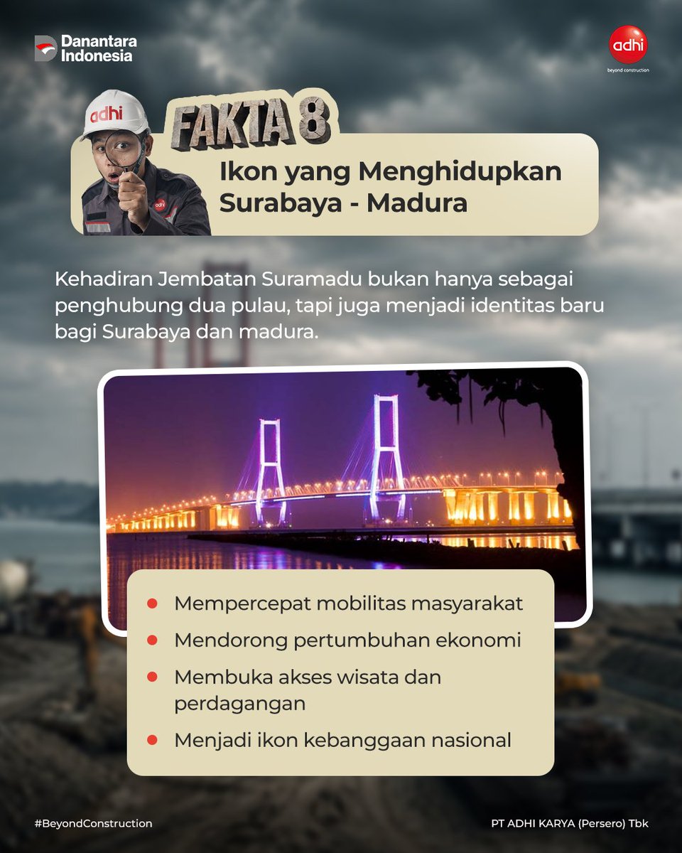 adhikaryaID's tweet photo. Dengan melibatkan 3.500 pekerja, Jembatan ini berhasil berdiri pada 2009 dan kini menjadi penghubung vital antara Surabaya dan Madura, mempercepat mobilitas sekaligus mendorong pertumbuhan ekonomi.

Bukan tumbal.
Bukan sihir.
Melainkan hasil dari ilmu pengetahuan dan kerja nyata. https://t.co/iHojtbWfKj