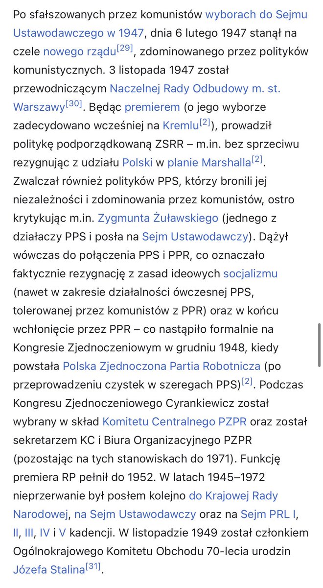 jarokrolewski's tweet photo. Józef Cyrankiewicz, wieloletni premier PRL, był jednym z najważniejszych politycznych protektorów i sympatyków klubu sportowego Cracovia. W trudnych dla krakowskiego sportu czasach realnie wspierał „Pasy” i był honorowym protektorem ich jubileuszy.

Najważniejsze momenty w relacji premiera z klubem:

- Opiekun i patron: W 1956 oraz 1966 roku Józef Cyrankiewicz pełnił funkcję honorowego protektora odpowiednio 50-lecia i 60-lecia istnienia Cracovii.
- Wsparcie dla stadionu: W latach 50. zaangażował się w sprawy klubu i pomógł w odbudowie oraz modernizacji obiektu przy ulicy Kałuży po tym, jak trybuny stadionu uległy doszczętnemu zniszczeniu w wyniku pożaru w 1963 roku.
- Wizytacje: Jako premier bywał obecny na trybunach, uświetniając swoją obecnością najważniejsze mecze. Między innymi osobiście oglądał z loży honorowej wielkie derby Krakowa w 1966 roku (Cracovia – Wisła 2:1).
- Sympatia kibiców: Postać Cyrankiewicza wywoływała wśród fanów ogromne poruszenie. Pisarz i zagorzały kibic Cracovii, Jerzy Pilch, wspominał, że gdy na słynne derby wjechała rządowa limuzyna, wiwatujące trybuny skandowały na cześć premiera.

Z racji wieloletniego sprawowania urzędu i pochodzenia z Krakowa, jego otwarte poparcie dla klubu stanowiło istotny element histori. 

W listopadzie 1949 został członkiem Ogólnokrajowego Komitetu Obchodu 70-lecia urodzin Józefa Stalina. 

Pozdrawiam