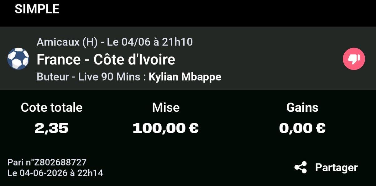 Math643313's tweet photo. @UnibetFrance Bonjour @UnibetFrance .

Vous n'avez toujours pas remboursé mon pari que jai fait a la mi temps.

Pour rappel, Mbappe na pas joué 1s suite a ce pari. https://t.co/vHx5p2hsAt
