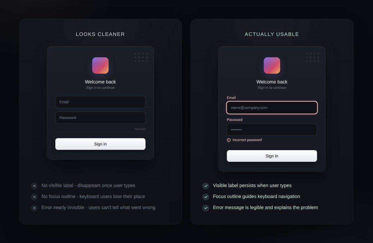 meenu_design's tweet photo. labels, focus outlines, error messages.
the things teams remove first to "clean up" the login screen are usually the ones holding it up.
the screen looks cleaner. until someone tries to use it.
#ProductDesign https://t.co/7xQpuszzqZ