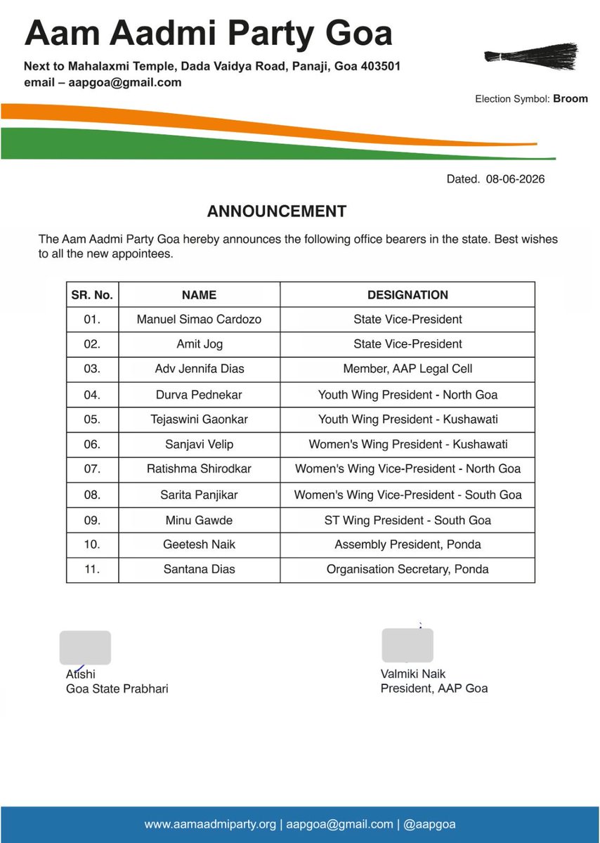 AAPGoa's tweet photo. 📢BIG ANNOUNCEMENT📢

The Aam Aadmi Party Goa is hereby announce the office bearers in the state. Best wishes to all the new appointees. https://t.co/dWX732y4wf