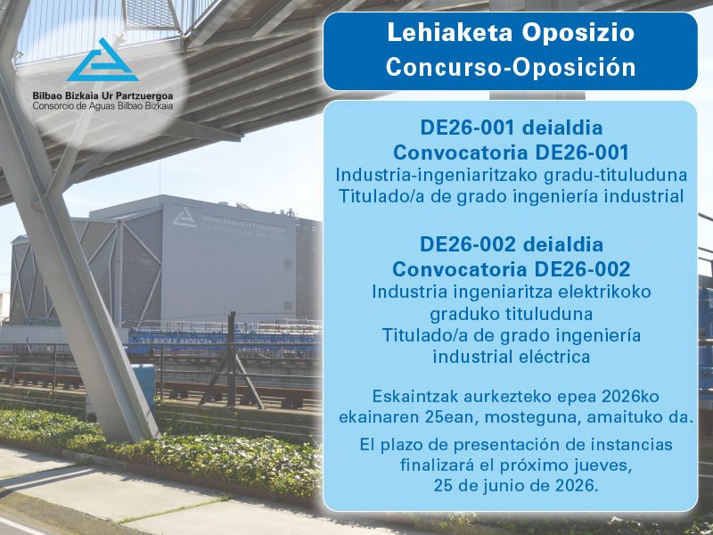 bbup_cabb's tweet photo. 📢Lehiaketa Oposizio #BBUP 

Expte. DE26-001. Industria-ingeniaritzako gradu-tituluduna.
Expte. DE26-002. Industria ingeniaritza elektrikoko graduko tituluduna.

ℹ️ https://t.co/DdeDb42Njt

‼️Eskaintzak aurkezteko epea 2026eko ekainaren 25ean amaituko da. https://t.co/aljAGLl4YK