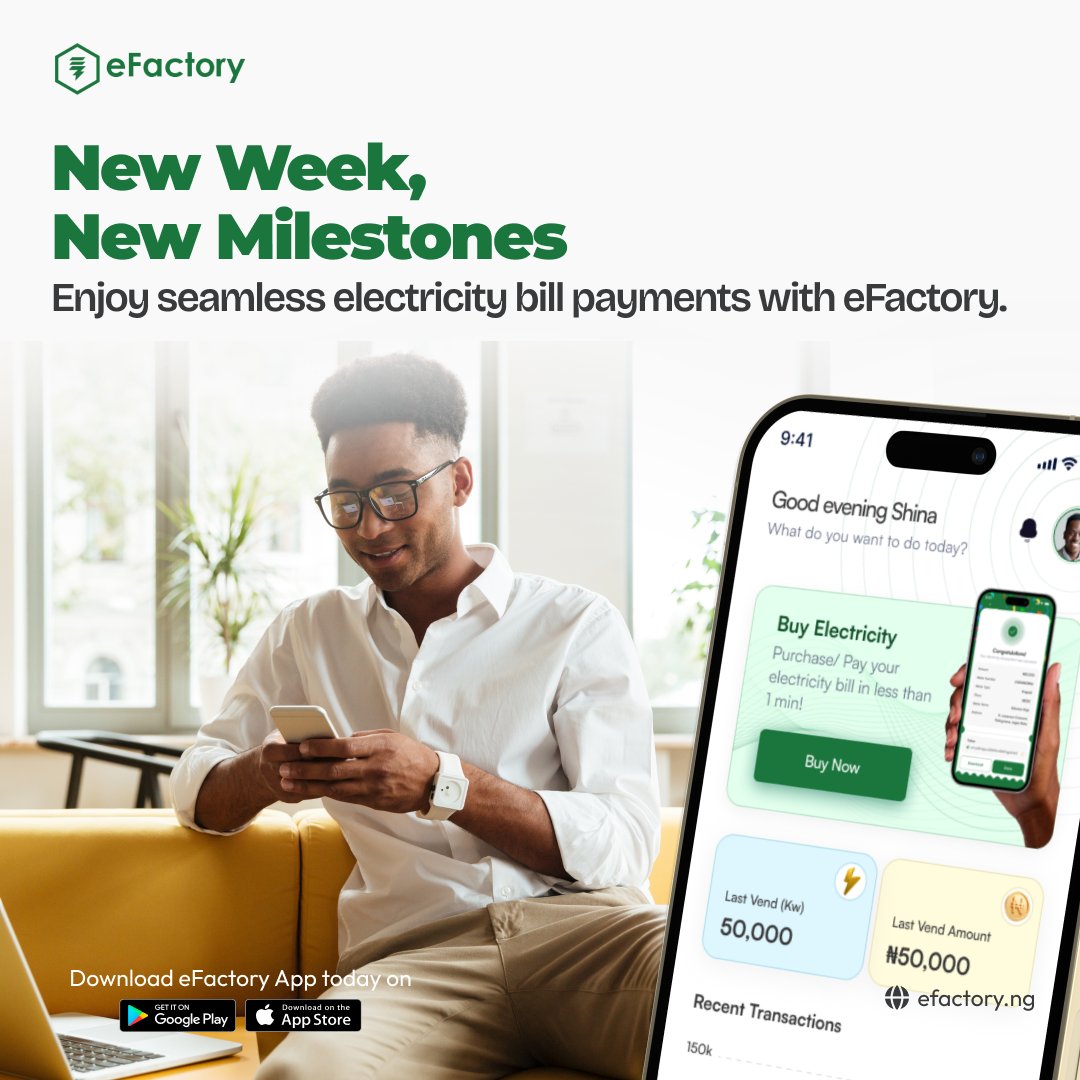 electFactory's tweet photo. New Week,
New Milestones
Enjoy seamless electricity bill payments with eFactory.
Get started: https://t.co/G0xnv2uBBq
#newweeknewgoals #electricitypayment #efactory https://t.co/DoieJnBRXj
