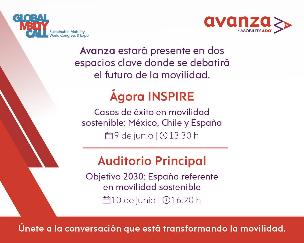 buselche's tweet photo. AVANZA, empresa de MOBILITY ADO, estará presente en dos espacios clave de #GlobalMobilityCall2026 para compartir experiencias y debatir sobre el futuro de la movilidad sostenible.

📍 9 ,10 y 11 de junio | IFEMA Madrid
#GMC2026 #Avanza #MobilityADO #FutureOfMobility https://t.co/VlVkReupKZ
