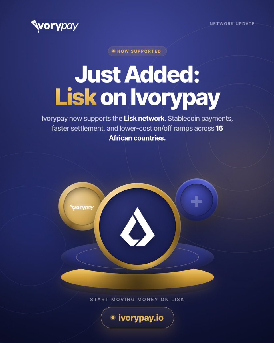 ivorypay's tweet photo. Lisk is now supported across the Ivorypay product ecosystem . 🚀

Businesses and users can now move stablecoins on @LiskAfrica with faster settlement and lower-cost on/off ramps across 16 African countries.

Start moving money on Lisk: https://t.co/6ZKiCAW7eO https://t.co/pF8CkooPTU