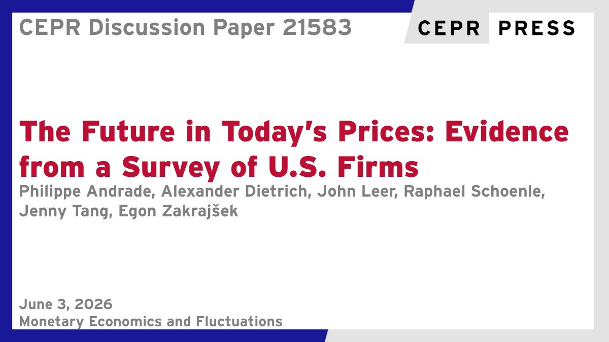 cepr_org's tweet photo. New CEPR Discussion Paper - DP21583 
The Future in Today’s Prices: Evidence from a Survey of U.S. Firms
@amdietrich_econ @nationalbanken, @JohnCLeer @MorningConsult, @RaphaelSchoenle @BrandeisBiz @BrandeisU, @JennyTangEcon, @phil_andrade & Egon Zakrajšek @BostonFed 
https://t.co/BlKMPI3HlM 
#CEPR_MEF #EconTwitter