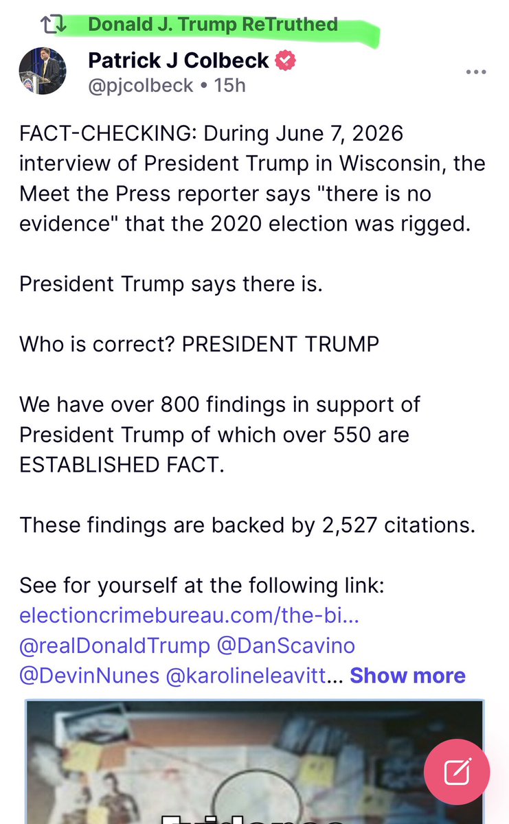 intheMatrixxx's tweet photo. FACT-CHECKING: During June 7, 2026 interview of President Trump in Wisconsin, the Meet the Press reporter says "there is no evidence" that the 2020 election was rigged.

President Trump says there is.

Who is correct? PRESIDENT TRUMP

We have over 800 findings in support of President Trump of which over 550 are ESTABLISHED FACT.

These findings are backed by 2,527 citations.

See for yourself at the following link:
https://t.co/WWWK2j32Kc
@realDonaldTrump @DanScavino @DevinNunes @karolineleavitt @mikelindell