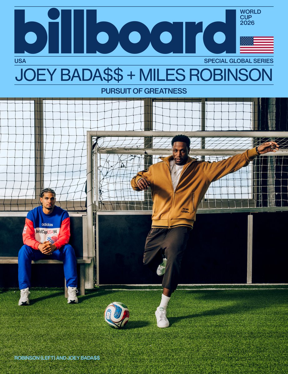billboard's tweet photo. Linking up in the studio and on the pitch, @joeyBADASS and @_milesrobinson_ discover their shared drive 🎶⚽️

Read their cover story as part of Billboard's Global World Cup cover series, pairing #FIFAWorldCup stars with musicians around the world: https://t.co/ti5eQQBPpL https://t.co/U6GvYoBnmJ