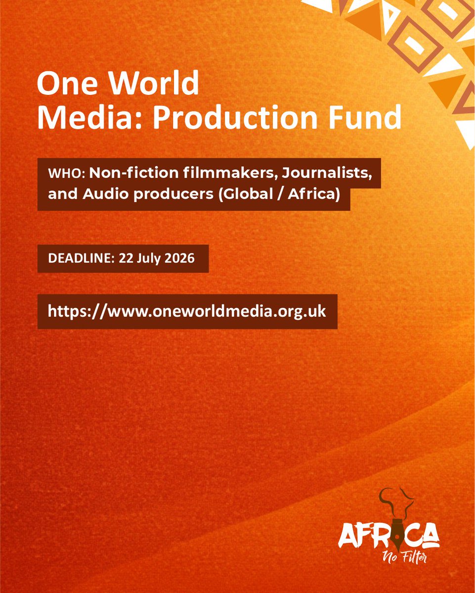 africanofilter's tweet photo. This week’s funding opportunities for African storytellers and creatives. Tag someone who should apply.

1.Are you driving social change or telling stories of community innovation? Acumen Academy is accepting applications for its 2026 Fellowship cohort:
👉🏾 World-class leadership and business training
👉🏾 Access to a global network of social investors
👉🏾 Mentorship to scale your impact project
Deadline: 15 July 2026
🔗: https://t.co/lsK2NvDwWI
2.Firelight Media is looking for early-career documentary filmmakers of color who are working on their first or second feature-length film:
👉🏾 $25,000 project development grant
👉🏾 18 months of customized structural mentorship
👉🏾 Co-production and networking opportunities with global broadcasters
Deadline: 20 July 2026
🔗: https://t.co/YubVTNlQdU
https://t.co/gbQJMQMVXL World Media is funding creative journalists and filmmakers who want to report underreported stories from the global south:
👉🏾 Production grant up to £3,000
👉🏾 One-on-one mentorship from industry executives
👉🏾 Distribution support with international media partners
Deadline: 22 July 2026
🔗: https://t.co/iMXHT32Co3
4.The African Cultural Fund is boosting the resilience of the continent's creative industries by funding professional artistic creation:
👉🏾 Grants up to €5,000 for project execution
👉🏾 Capacity building and technical management training
👉🏾 Access to a pan-African creative network
Deadline: 25 July 2026
🔗: https://t.co/BmIip2oNj8
5. Safety and professional readiness matter. The Rory Peck Trust is providing grants to help freelance journalists cover the costs of vital training:
👉🏾 Funding for Hostile Environment & First Aid Training (HEFAT)
👉🏾 Support for digital security courses
👉🏾 Designed specifically for independent storytellers in high-risk zones
Deadline: 26 July 2026
🔗: https://t.co/5UguTKG0f0
6.Bring your boundary-pushing creative project to life. The Kone Foundation funds academic research, artistic work, and combinations of the two:
👉🏾 Monthly stipends ranging from €2,600 to €3,700
👉🏾 Support for both individual projects and working groups
👉🏾 Travel and residency production expenses covered
Deadline: 28 July 2026
🔗: https://t.co/e4fA2y7qv4

#africanofilter #hotoppotunities