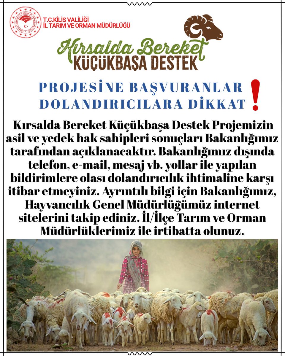 kilistarim's tweet photo. ⚠️Kırsalda Bereket Küçükbaşa Destek Projemize başvuru yapan yetiştiricilerimizin dolandırıcılara karşı dikkatli olması önemle duyurulur‼️

@elbeylitarim @musabeylitarim @polatelitarim1 @kilisvaliligi @TR_HAYGEM @TCTarim @ibrahimyumakli https://t.co/zQsb3ABr49