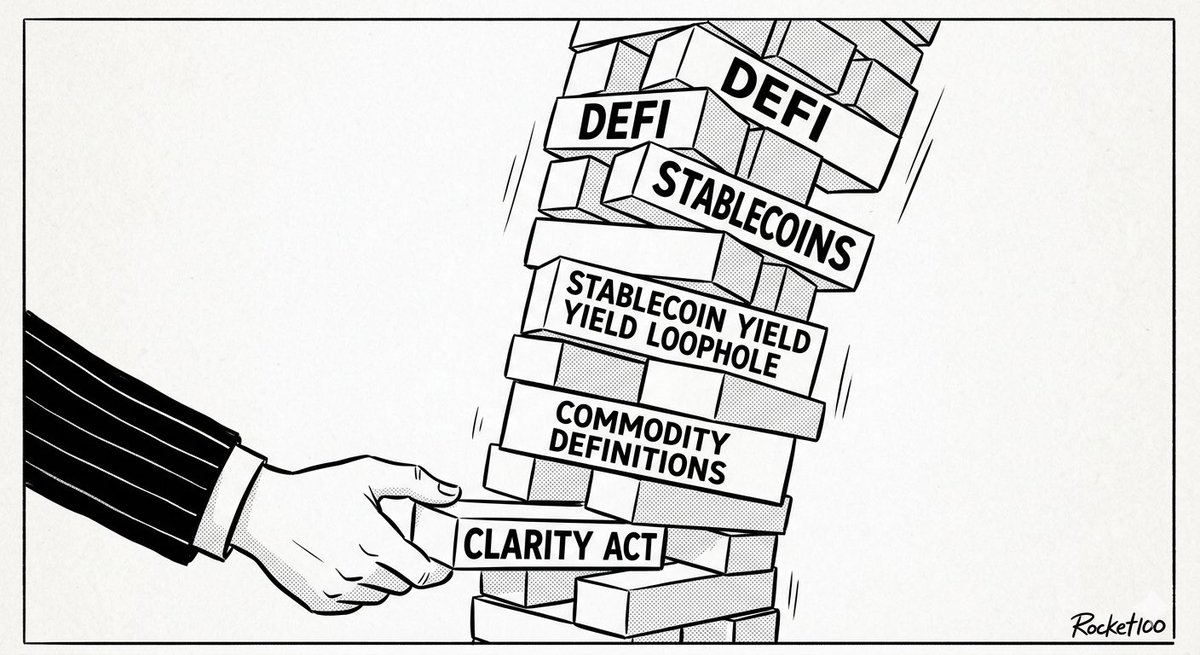 rocket100ltd's tweet photo. The CLARITY Act is heading for a Senate floor vote this week.

It cleared committee 15-9 on May 14. It needs 60 votes on the floor — which means it needs Democratic support that wasn't there in committee.

The structure: the bill defines which digital assets are commodities vs securities, closes the stablecoin yield loophole, and addresses DeFi. If it fails the 60-vote threshold, the entire regulatory stack stalls again.

@Rocket100ltd