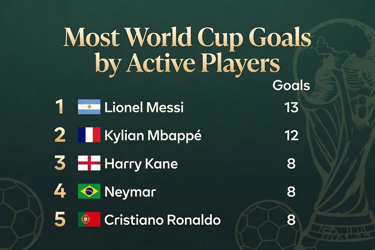 chalkymedia's tweet photo. ⚽️ World Cup Goal Kings… but who’s peaking for 2026?

Current active top 5:

◉ 13 - Messi 🇦🇷  
◉ 12 - Mbappé 🇫🇷  
◉ 8 - Harry Kane 🏴󠁧󠁢󠁥󠁮󠁧󠁿  
◉ 8 - Neymar 🇧🇷  
◉ 8 - CR7 🇵🇹  

Focus on the 8-goal chasers 🔥

• Harry Kane just finished the season with 36 Bundesliga goals and won the European Golden Shoe for the second time! 

Europe’s top scorer at 32 years old. England’s main man is in prime form.

• Neymar, the ultimate “what if��. 

When fit he’s unplayable. Can he finally stay injury-free for a major tournament?

• Cristiano Ronaldo at 41! 

Still the ultimate goal machine, albeit in a farmers league.

Will he keep that famous selfishness and hunger… or does Portugal need a more team-oriented CR7 in 2026? 👀

They are only 5 goals behind Messi and 4 behind Mbappé. With another strong World Cup ahead.

Can the 8-goal trio catch the leaders?

Who’s your pick to score the most goals in 2026? Drop your thoughts ⬇️