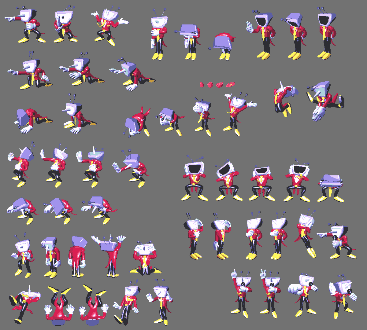 PIXELATEDCROWN's tweet photo. After I rendered out the individual poses, I'd force the color palette to be limited to just a few shades and then I'd shrink the result down to pixel sized sprites. Like these! I'd tidy them up a little, but they'd really get improved on at the pixel scale by @Clairvoire. https://t.co/LsmsZaazDH
