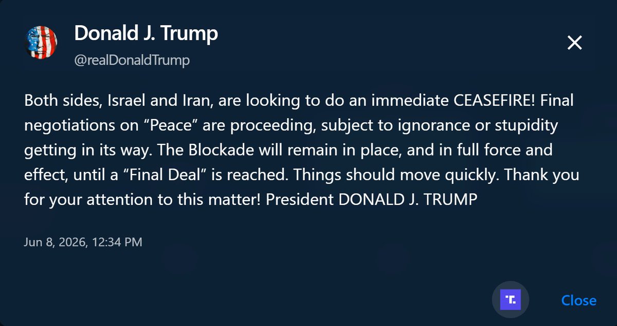 Market_Rodeo's tweet photo. Trump just posted that both Israel and Iran are seeking an immediate ceasefire.

Is this bullish or bearish?

https://t.co/h4hnFQfN3K

#Trump #Iran #Oil #StraitOfHormuz #Markets https://t.co/c0gsouugsE