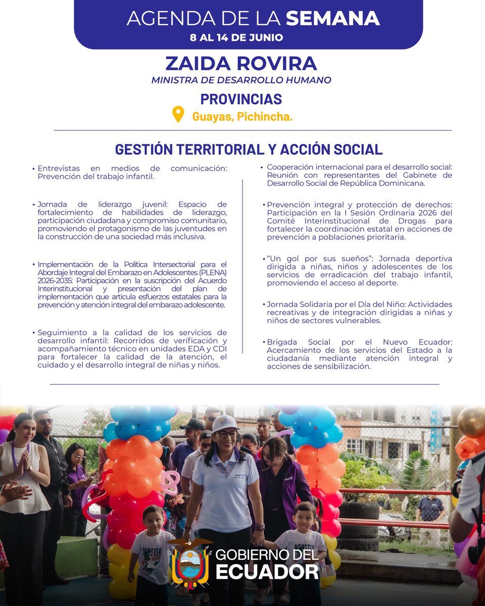 DHumanoEc's tweet photo. Esta semana, la ministra @zaidarovira continúa su agenda en territorio, recorriendo el país para impulsar acciones de desarrollo humano y asegurar atención oportuna a las familias más vulnerables.
✅ Gestión, soluciones y compromiso con nuestra gente. 

#GobiernoDelEcuador https://t.co/Mpb3xA2bcV