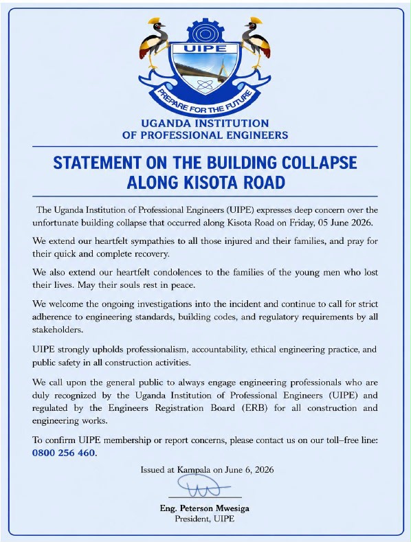 UIPE_Uganda's tweet photo. STATEMENT ON THE BUILDING COLLAPSE ALONG KISOTA ROAD

#UIPEUpdates #Engineering https://t.co/4M3MEjC0oz