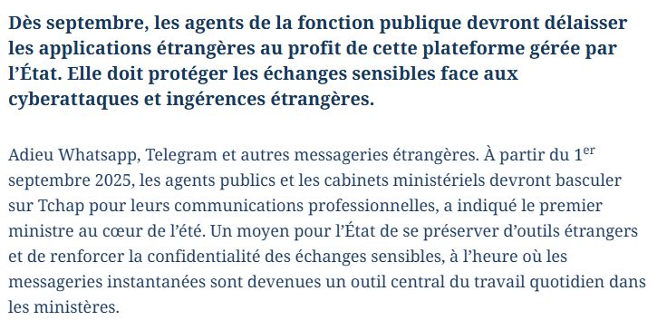 seblatombe's tweet photo. C'était l'année dernière : "Dès septembre, les agents de la fonction publique devront délaisser les applications étrangères au profit de cette plateforme gérée par l’État. Elle doit protéger les échanges sensibles face aux cyberattaques et ingérences étrangères." https://t.co/6BzqGZPewi