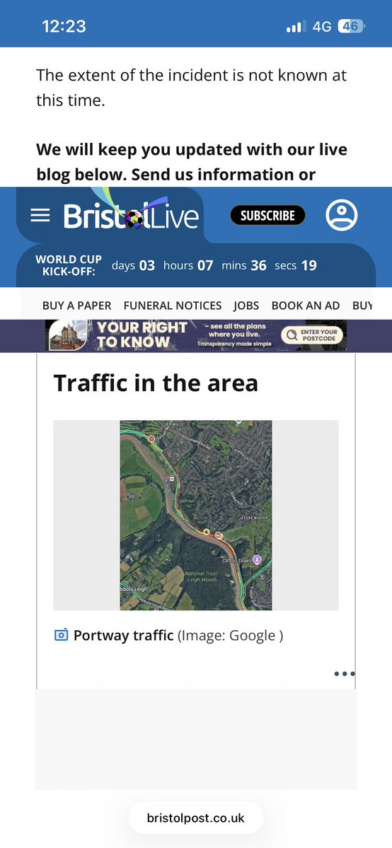 APlasticPaddy's tweet photo. Bristol A4 Portway closed due to an accident. @BristolLive acknowledges importance of story and will “keep you updated with live blog below”.  1 post of a google map 2 and a half hours ago. How much is a subscription @TristanCorkPost ? https://t.co/zbXtSPjv2v