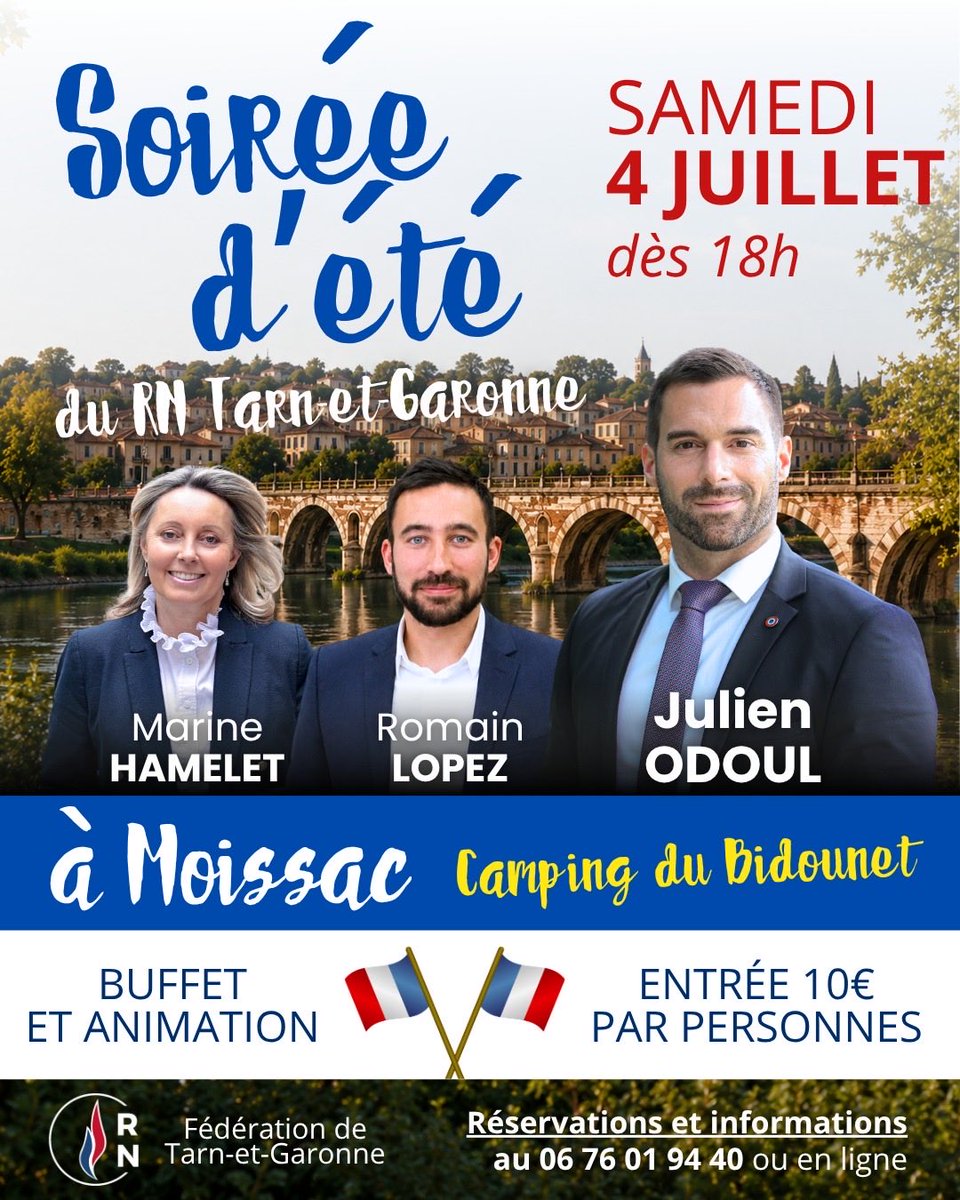 fedeRN_82's tweet photo. 🗓️ Le Rassemblement National de #TarnEtGaronne vous donne rendez-vous à #Moissac, le samedi 4 juillet à partir de 18h, pour sa grande soirée d’été.

Cette soirée se déroulera en présence du député Julien Odoul ainsi que de vos élus Tarn-et-Garonnais. https://t.co/QcAn2HWO4o