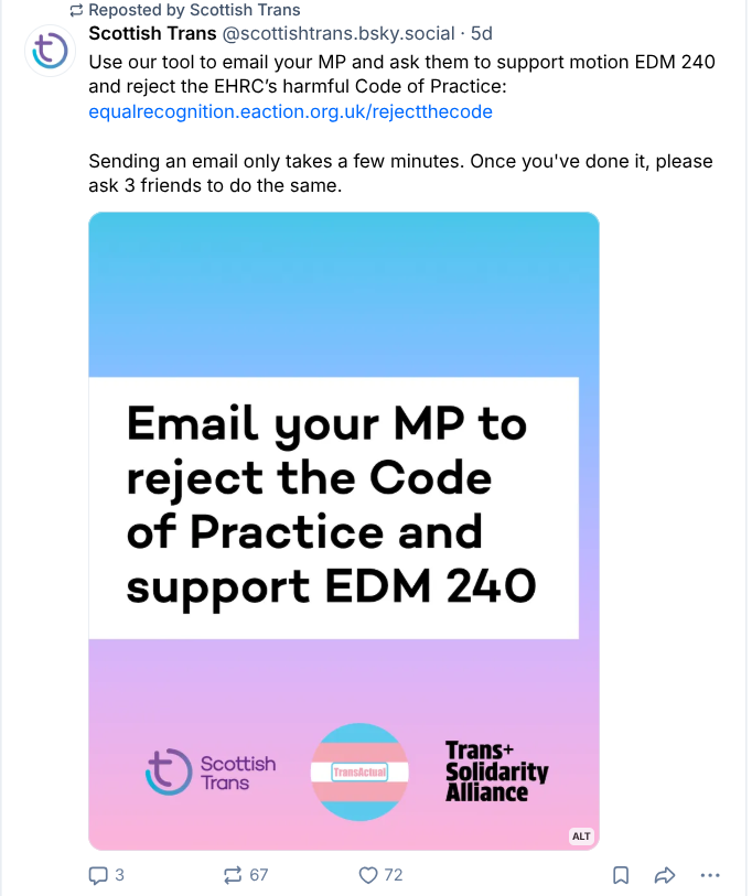ForWomenScot's tweet photo. Scottish Trans has produced a template letter to ask MPs to reject the EHRC code.

Why is taxpayer money being used to send emails to MPs asking them to disobey the law? A law that @scotgov @JohnSwinney claim to accept?

This email tool costs £250 per month plus the cost of the dedicated website!