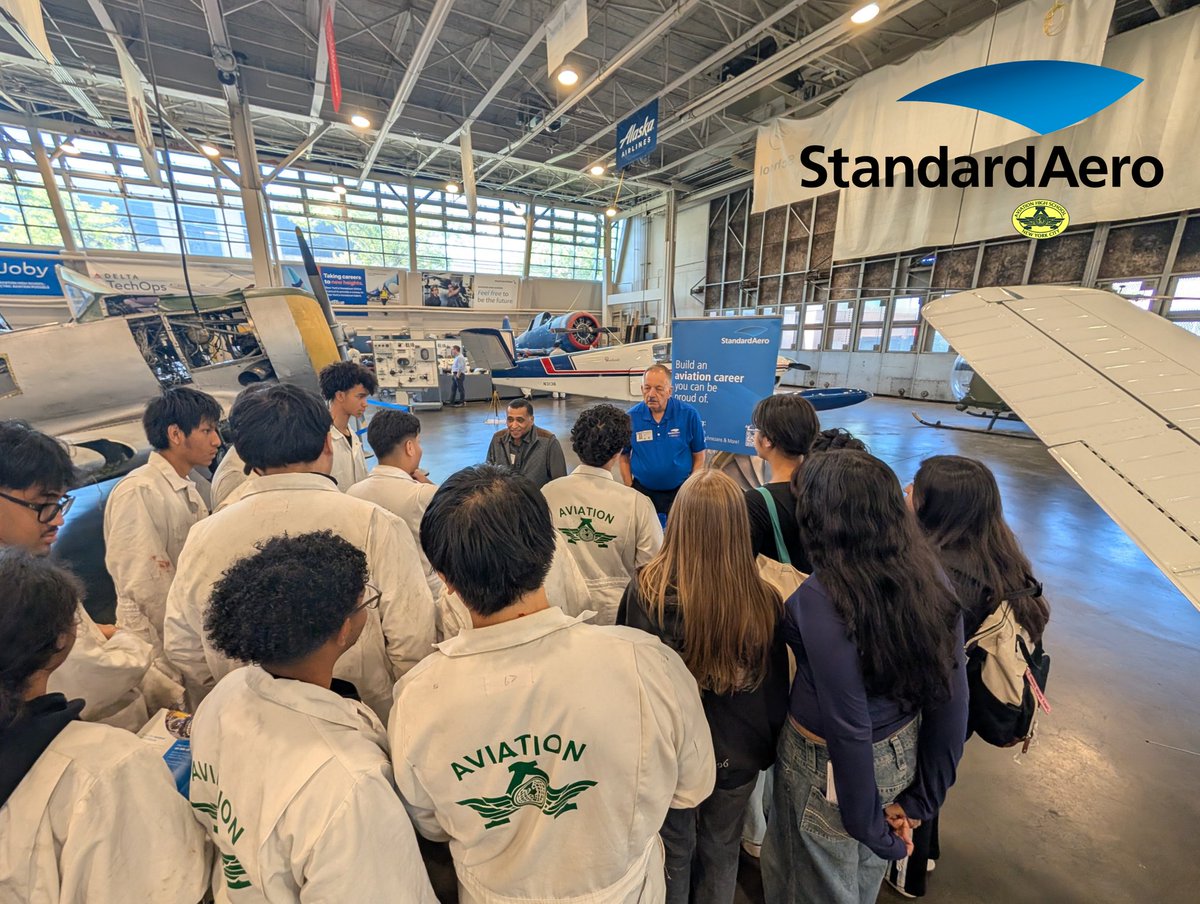 AviationHSnet's tweet photo. On May 29, StandardAero reps (incl. an AHS alum!) visited AHS to share global career paths with our students. StandardAero is a leading independent MRO provider, ensuring global fleets fly safely. Thanks for inspiring our Flyers! 
#AviationHS #AircraftMaintenance https://t.co/7mjVRoAF5C