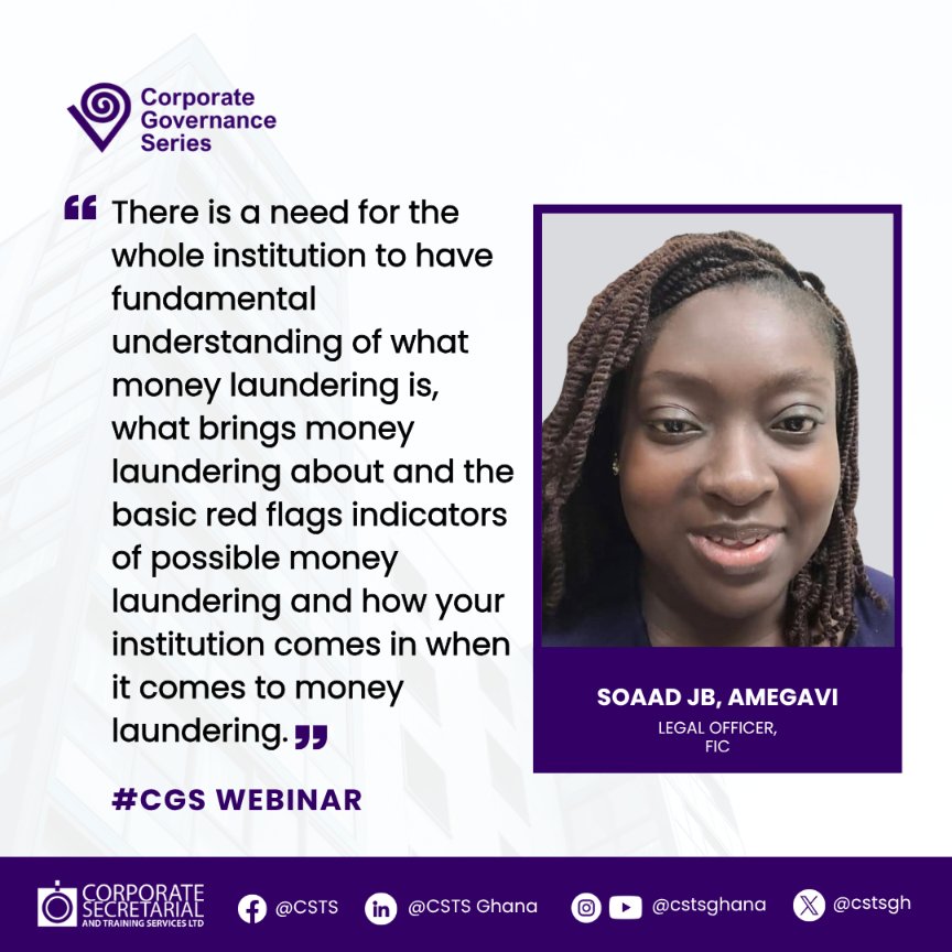 cstsgh's tweet photo. At the CGS March Webinar, Soad J.B. Amegavi, Legal Officer at FIC, highlighted the need for institutions to understand money laundering, recognize warning signs, and play their part in preventing financial crime.

#CGSWebinar #CSTSGhana #AML #CFT #Compliance https://t.co/9h89yZJPVN