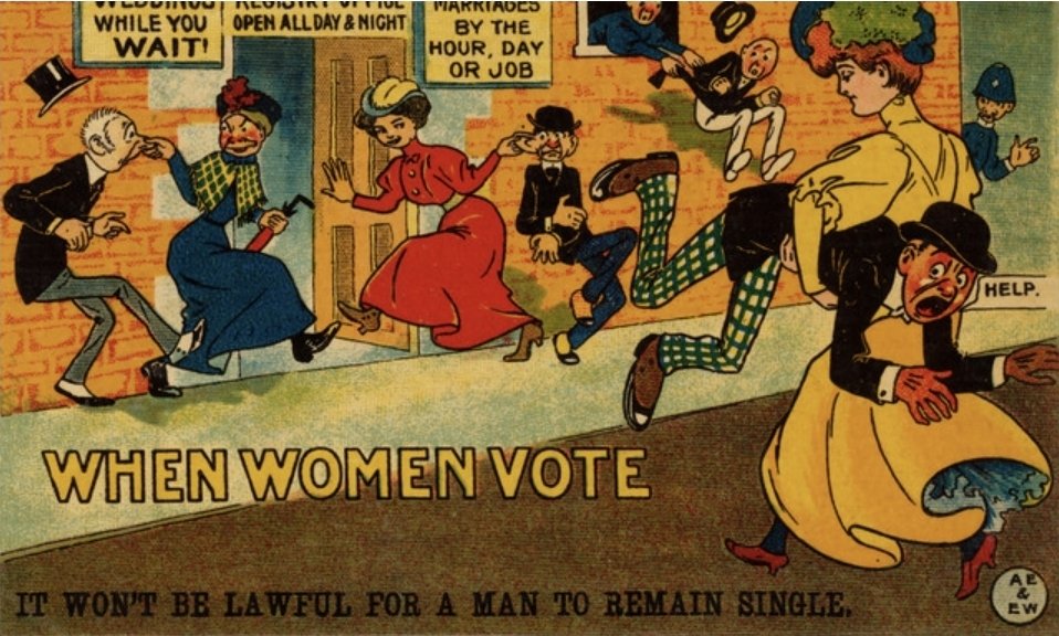 mediocreartalt's tweet photo. @ilovekonel In the US, it used to be a popular trope, but associated with chud politics? Like in comics little minstrel caricatures would chase white characters, and suffragettes were seeking power to make young men marry them. https://t.co/D6O7OrOJcG
