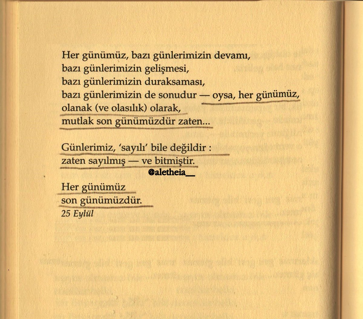 aletheia__'s tweet photo. Günlerimiz, ‘sayılı’ bile değildir :

zaten sayılmış — ve bitmiştir.

Her günümüz 
son günümüzdür. 

oruç aruoba https://t.co/6THthXBDgF